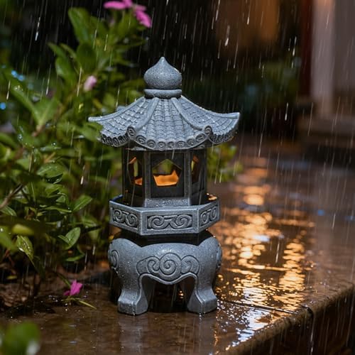 Pagoda Garden Statue, Resin Solar Japanese Pagoda Lantern, Decorative Zen Garden Landscape for Yard Patio Lawn, Style 3, Decoración al aire Libre by Unknown