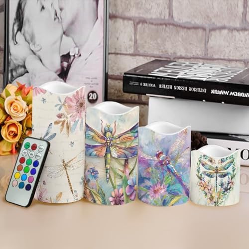 Dragonfly Pattern Flickering Flameless Candles Pillar LED Candles with Remote and Timer Set of 4 Color Changing Battery Operated Candles for Home Birthday Decoration - Image 4