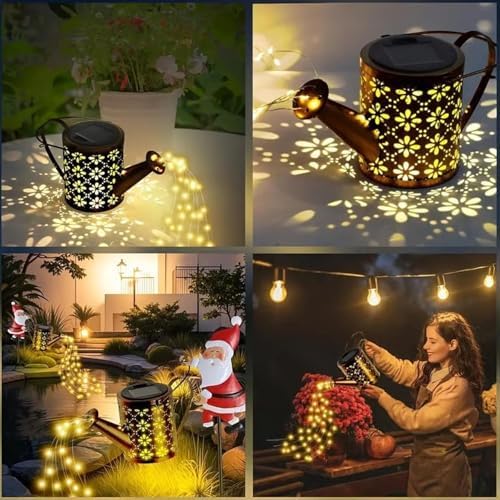 Christmas Santa Solar Kettle Lights Garden Lawn Decorative Lights,Hanging Waterproof Metal Solar Santa Claus Watering Can with LED Light,Outdoor Garden Decor for Backyard,Lawn,Patio (2*Colorful Light) - Image 5