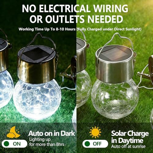 Solar Hanging Lights,Cracked Glass Globes Outdoor Waterproof Decorative Garden Lanterns Outside Trees Ornaments for Balcony Backyard Yard Decor Women Mom Grandma Gifts 8 Pack (Cold White) - Image 5