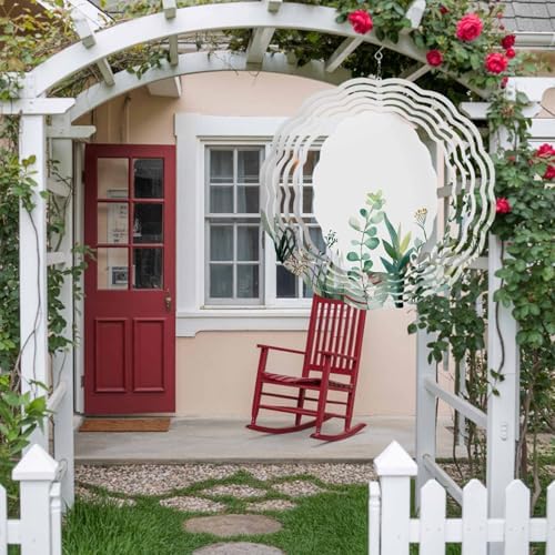 Wind Spinners for Yard Garden, Watercolors Gradient Green Leaves 3D Stainless Steel Round Hanging Spinners Indoor Outdoor Kinetic Yard Art,12 Inch, Rural Plants - Image 3