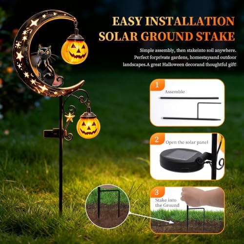 2026 News Solar Halloween Black Cat and Pumpkin Moon Garden Stake Light 4PCS, Hanging Pumpkin Lanterns Outdoor for Pathway, Yard, Patio and Lawn Decor.Powered Entirely by the Sun - Image 4