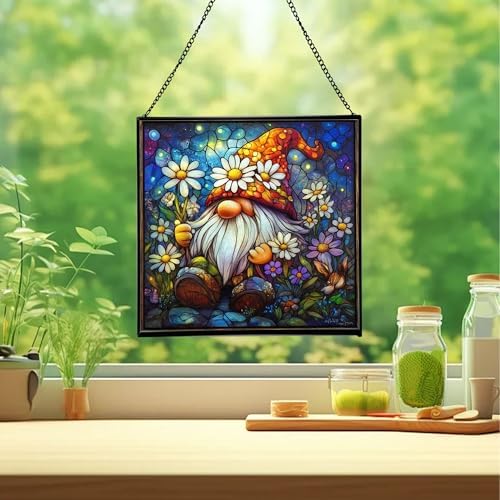 Daisy Crown Gnome Stained Glass Suncatcher – Square Hanging Window Panel for Home or Greenhouse – Whimsical Glass Art Gift for Garden Lovers, Christmas, Halloween, Father Days jgOO6e - Image 2
