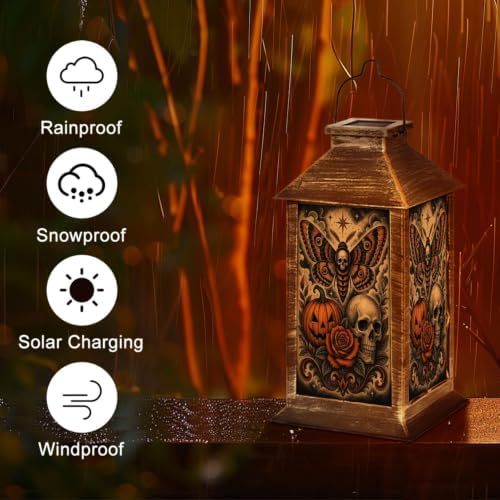 Solar Hanging Lantern Moth Skull Pumpkin Rose Gothic Orange Black Vintage Tattoo Style Waterproof LED Lights Decor Patio Yard Lawn Porch Lamp, Birthday Gift for Mom Women Garden Outdoor Decor - Image 5