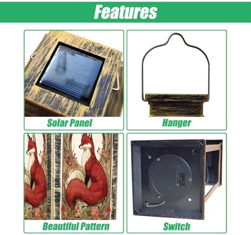 Solar Lantern Red Fox Floral Accents Vintage Art Nouveau Style Outdoor Waterproof Hanging Solar Light Outside Lights for Patio Yard House Lawn Decor Birthday Gifts for Women Mom - Image 3