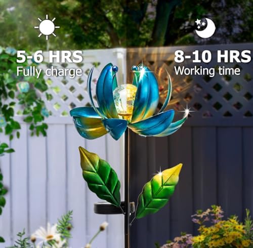Solar Yard Lights Wind Spinners- Metal Lotus Flower Garden Decor LED Crackle Glass Globe Yard Art Sculpture Solar Stake Lights for Patio Pathway Lawn Walkway - Image 4