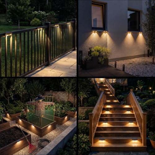 Peasur 12 Pack Solar Fence Lights Outdoor,Deck Light Solar Powered, IP65 Waterproof Led Riling Solar Lights Brown Frame for Outside Yard Step, Wram White - Image 7