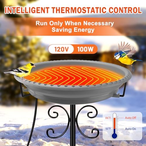 Daoeny Heated Bird Bath for Winter, 100W Heated Bird Baths for Outdoors Thermostat Control with 5-Prong Metal Base, Heated Bird Bath for Outside Winter Garden Patio Yard Lawn (Grey) - Image 3
