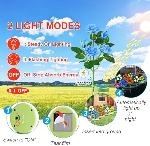 Solar Flower Lights Outdoor - Upgraded New Material Two Modes Realistic LED Solar Powered Waterproof Lights with 5 Roses, Solar Decorative Stake Lights for Garden (Multicolor, 4 Pack) - Image 3