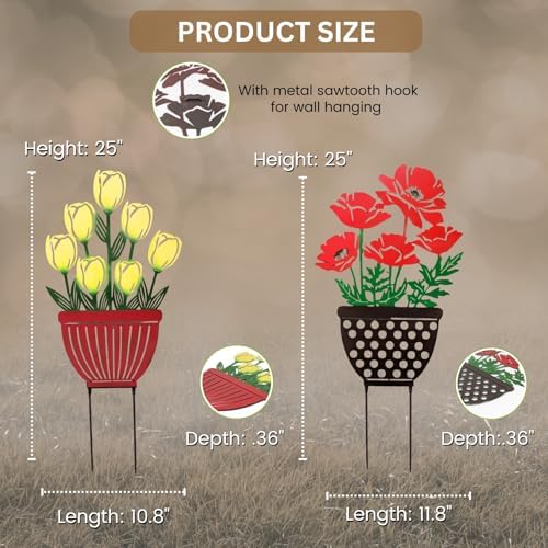 2-Way Metal Poppy and Tulip Garden Stake and Wall Plaque, Multicolor - Image 2
