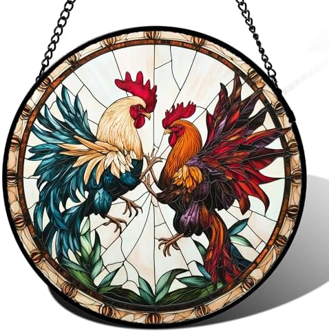Stained Glass Window Hanging - Funny Cockfighting Suncatcher for Door Terrace Garden Home Decor Red Blue Rooster Sun Catcher Birthday Gifts for Lovers Women Men Dad Mom Nana 15 in by JOSUMALY