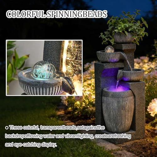 26.8" Tall Water Fountain Outdoor Garden, 4 Tiers Modern Cascading Bowls Water Fountain Outdoor Indoor Garden with LED Lights & Atomizer for Patio, Deck, Porch, Backyard Art Decor,C - Image 5