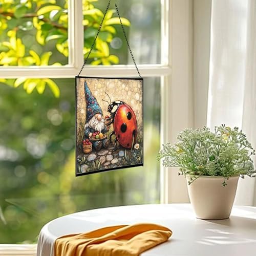 Lady.Bug Picnic Gnome Stained Glass Suncatcher – Square Hanging Window Panel for Home or Greenhouse – Whimsical Glass Art Gift for Garden Lovers, Christmas, Halloween, Father Days Duy7w9 - Image 3