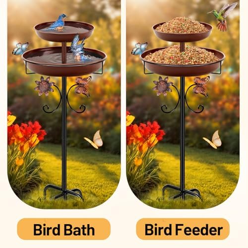 Daoeny Bird Bath for Outside, 42In Vintage Freestanding Birdbaths for Outdoors, Double Metal Bird Bath Feeder Bowls for Garden Patio Yard Lawn Decor, Upgraded 5-Pronged Base (Brown) - Image 4