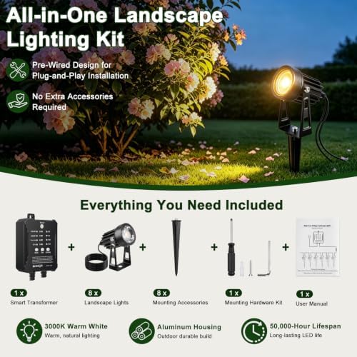 All-in-One Low Voltage Landscape Lighting Kit, 8-Pack LED Landscape Lights with Smart Transformer, 70FT Pre-Wired Cable, IP65 Waterproof Outdoor Spotlights, 3000K Warm White for Yard Garden Pathway - Image 6