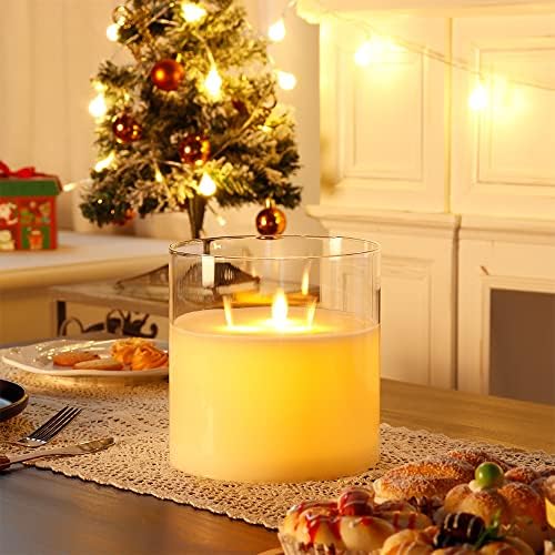 JHY DESIGN Large 3-Wick Glass Flameless Candles 6''High Battery Operated Dancing Flame Flickering LED Pillar Candles with 6-Hour Timer Feature Moving Wick Large Candle for Home Party by JHYDESIGN
