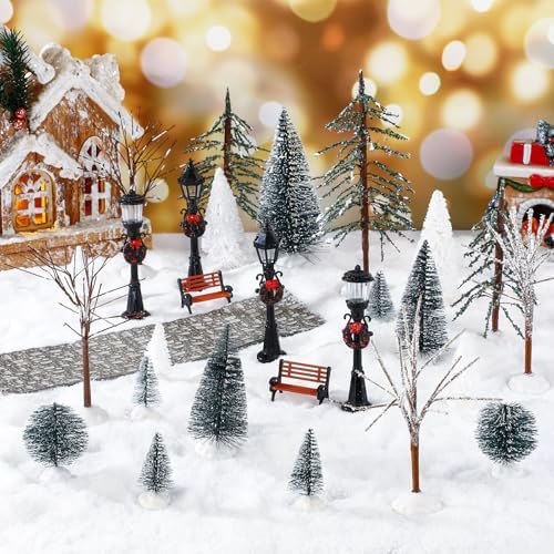 Hotop 28 Pcs Mini Artificial Christmas Village Tree Set Snow Christmas Pine Bare Branch Trees Xmas Street Lamp Post Miniature Park Bench Seat Cobblestone Street for Decoration(Vivid) - Image 3