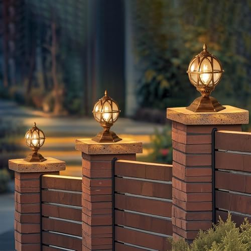Outdoor Post Caps Lights Fixture Exterior Post Mount Column Lights IP55 Waterproof Pillar Lamps Fence Deck Caps Lanterns With Globe Amber Glass Landscape Lighting Yard Porch Gate Bollard Pedestal Lamp - Image 7