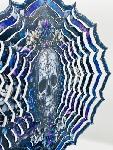 Shwing 12 Inch Wind Spinner Hanging Wind Sculptures Gothic Skull Metal Decor Double Sided Outdoor Kinetic Garden Art 3D Wind Spinner Hanging Ornament for Patio Porch Balcony Backyard Tree Decor - Image 3