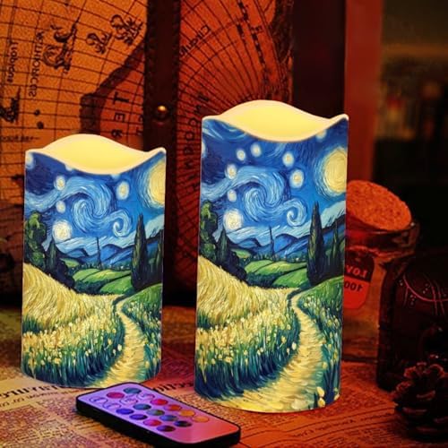 Flameless Candles with Remote Van Gogh Starry Night Flickering Battery Operated Candles with Timer Waterproof Real Wax LED Pillar Candles for Holiday Party Decor Set of 4 - Image 5