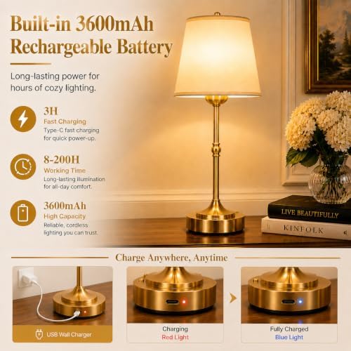 Yunaking Rechargeable Gold Table Lamp: Cordless Lamp with 3 Color Dimmable - Image 6