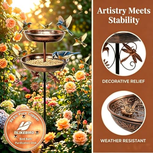 2-in-1 Bird Bath Feeder Set Antique Bronze with Copper Disk - Image 3
