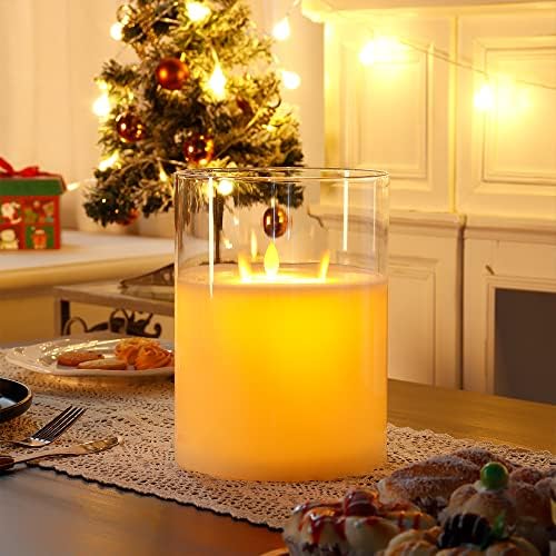 JHY DESIGN 3-Wick Glass Flameless Candles 8''High Battery Operated Dancing Flame Flickering LED Pillar Candles with 6-Hour Timer Feature Real Wax Moving Wick Candle for Home Wedding Party Festival by JHYDESIGN