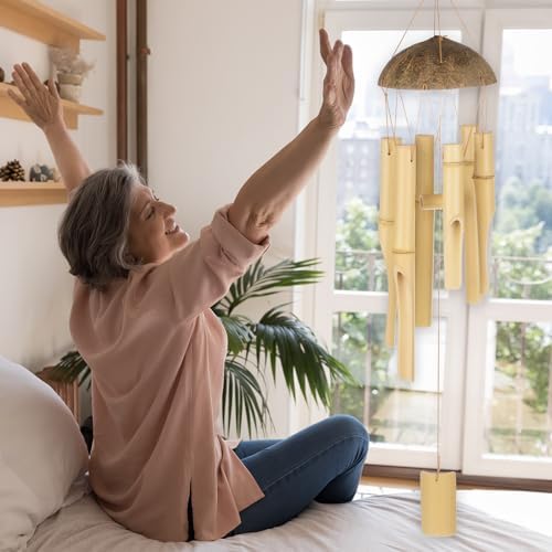 M METERXITY 1-Pack Bamboo Wind Chimes, 30 Inch Wooden Wind Chimes with Melody Deep Tone, 6pcs Bamboo Tubes, Wood Color - Image 5
