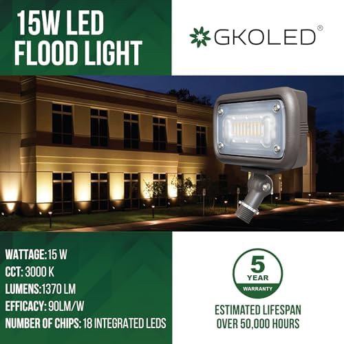 GKOLED 15W LED Flood Lights, Outdoor Dusk to Dawn, 3000K, UL Listed - Image 2