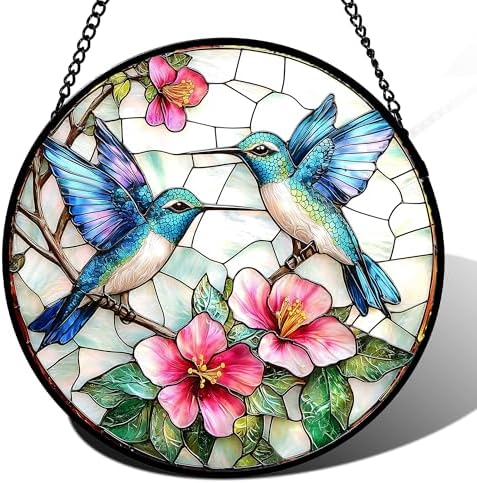 Stained Glass Window Hanging - Blue White Hummingbirds Pink Flowers Suncatcher for Door Terrace Garden Home Decor Bird Sun Catcher Birthday Gifts for Lovers Women Men Dad Mom Nana 9.8 in by JOSUMALY