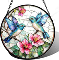 Stained Glass Window Hanging - Blue White Hummingbirds Pink Flowers Suncatcher for Door Terrace Garden Home Decor Bird Sun Catcher Birthday Gifts for Lovers Women Men Dad Mom Nana 11.8 in by JOSUMALY