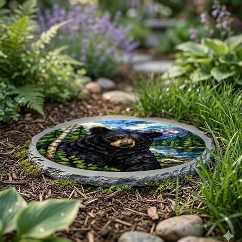 Magnolia Garden 10-Inch Black Bear Stepping Stone - Faux Stained Glass Cabin Lodge Garden Stone, Weather-Resistant Resin Pathway Accent, Mountain Lake Wilderness Outdoor Yard Decor & Walkway Plaque - Image 4