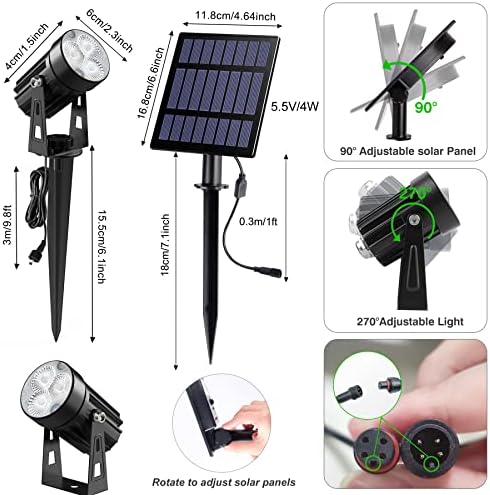 Solar Spot Lights Outdoor, 3-in-1 Garden Spotlights IP65 Waterproof 9.8ft Cable, 5W 4000mAh Separated Solar Panel, Auto On/Off for Tree Patio Yard Driveway Pathway Pool(Cold White 6000K) - Image 3
