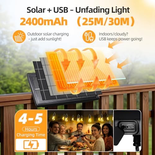 Solar Lights Outdoor Patio Lights: S14 25M 82FT Solar Powered Remote Control 3 Light Modes Dimmable Solar Waterproof Light - Shatterproof Bulbs - Camping Backyard Garden Deck Outside Yard - Image 4