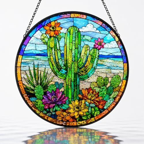 Cactus Glass Suncatcher Window Hangings, Desert Plant Stained Glass Decor, Green Succulent Sun Catcher for Room Balcony, Plant Lover Gift 9.8 by Unknown