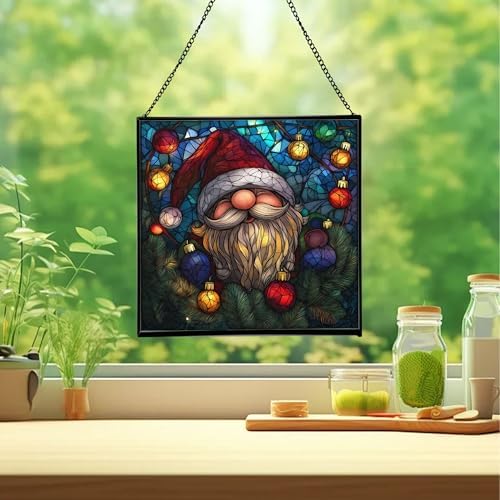 Holiday Lights Gnome Stained Glass Suncatcher – Square Hanging Window Panel for Home or Greenhouse – Whimsical Glass Art Gift for Garden Lovers, Christmas, Halloween, Father Days Sbhi0e - Image 2