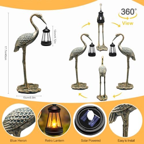Solar Garden Statue Crane Figurine, Outdoor Hanging Solar Lanterns, 17.7 Inch Blue Heron Sculpture Statue for Patio Yard Porch, Garden Decor for Outside Birthday Gifts for Mom, Women Mother's Day - Image 2