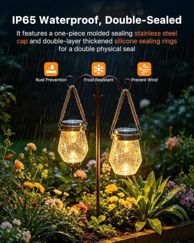 6 Pack Solar Powered Cracked Glass Jar Lights Outdoor Hanging LED Lantern - Image 3