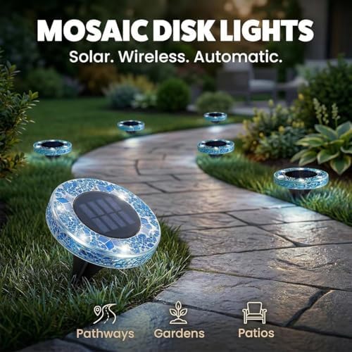Outdoor Waterproof Mosaic Solar Ground Lights, Solar Disc Lights Outdoor Waterproof, Waterproof Colorful Glass LED Stake for Pathway Walkway Yard Patio Lawn(Yellow) - Image 6