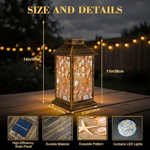 Solar Lantern Outdoor Waterproof Seashell Beach Garden Decor LED Hanging Solar Lights Tabletop Lamp Gifts for Women Mom Outside Yard Patio Porch - Image 2
