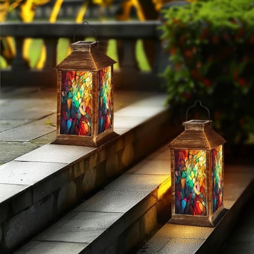 Solar Lantern Abstract Stained Glass Features an Intricate Arrangement Outdoor Waterproof Hanging Solar Light Outside Lights for Patio Yard House Lawn Decor Birthday Gifts for Women Mom - Image 6
