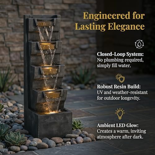 39.4" Outdoor Water Fountain, Tall 4-Tier Cascading Waterfall Fountain with Warm LED Lights, Stone-Look Resin Water Feature with Quiet Pump for Patio Garden Porch Entryway Backyard Decor - Image 2