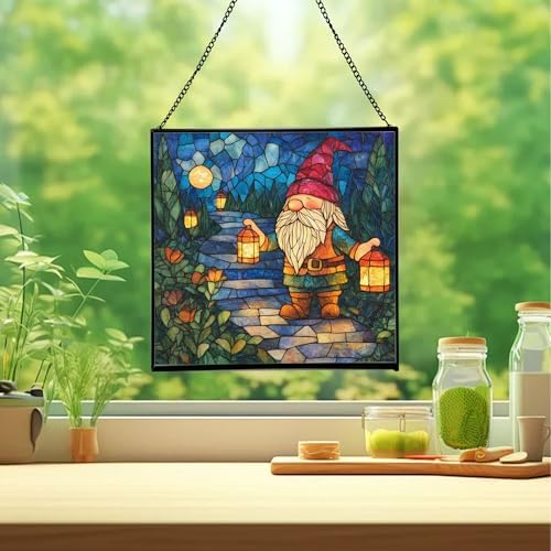 Lantern Path Gnome Stained Glass Suncatcher – Square Hanging Window Panel for Home or Greenhouse – Whimsical Glass Art Gift for Garden Lovers, Christmas, Halloween, Father Days B4TKHr - Image 2
