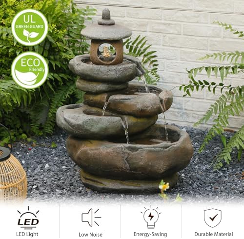 25.2" H 4 Tiered Pagoda and Imitation Rock Outdoor Water Fountain - Natural Zen Decor with LED Lights fits for Outdoor&Indoor Water Fountain, Suitable for Garden/Patio/Yard/Deck/Balcony （Resin） - Image 5