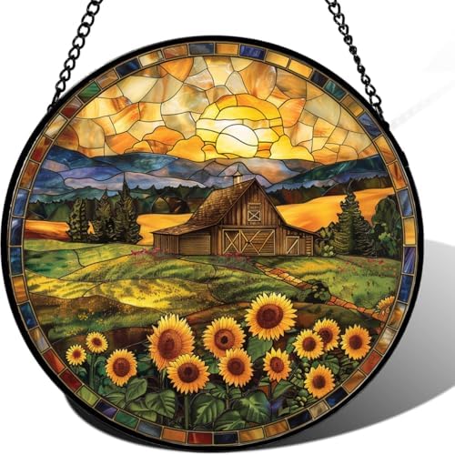 9.84 Inch Golden Barn Sunset Stained Glass Window Hanging Suncatcher for Window Doors Home Decoration and Christmas Mother's Day Father's Day Birthday Gifts for Women Men and Mom by Unknown