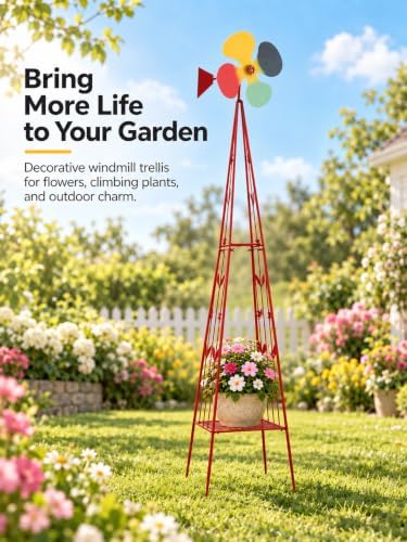 6FT Windmill for Yard Garden Decoration, Heavy Duty Outdoor Wind Mills, Large Metal Outdoor Windmill, Weather Resistant, with Storage Shelf and Weather Vanes, Red - Image 2