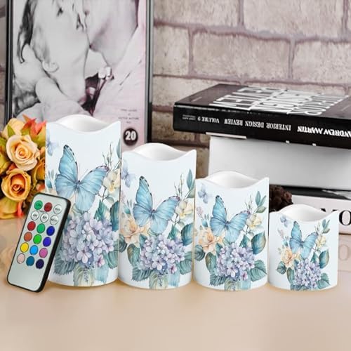 Blue Butterfly Pillar Candles Bulk Led Flameless Battery Operated Candles with Timer Remote Color Changing Electric Fake Candles for House Warming Home Decorations Set of 4 - Image 4