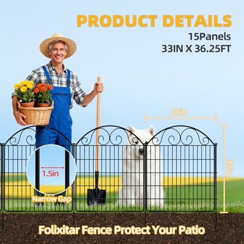 COLRASN 15 Panels No Dig Decorative Garden Dog Fence Outdoor for Yard, 33in(H) x 36.25ft(W) with Latch Tall Animal Barrier Fenceing Panels, Rustproof Ground Stakes Temporary Wire Screen for Patio - Image 2