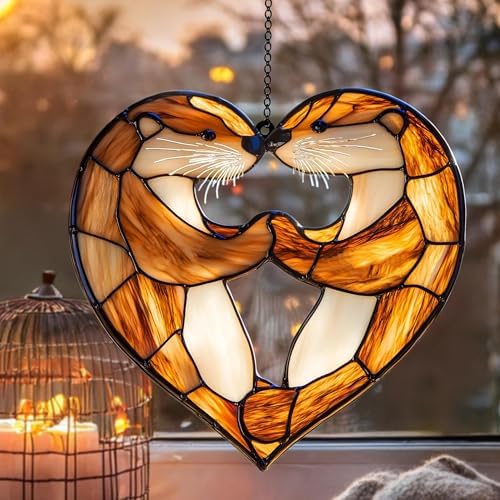 Otter Heart Acrylic Suncatcher 10 Inches, Fall Decoration Indoor Outdoor, Bedroom Porch Decor, Stained Glass Effect Window Hanging, Cozy Woodland Ornament, Otter Lover Gift for Her Mom by XISZYS