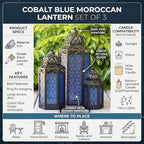 VELA LANTERNS Set of 3 Cobalt Blue Glass & Black Metal Moroccan Candle Lantern Holders (XL, Large, Small) - Decorative Indoor/Outdoor Decor for Patio, Floor, Weddings & Ramadan - Image 5